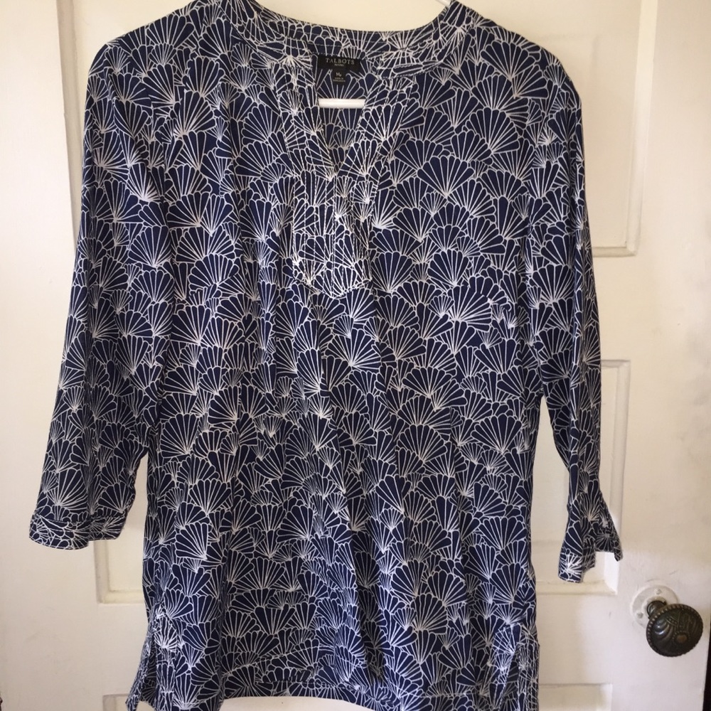 Talbots 3/4 sleeve navy and white tunic blouse